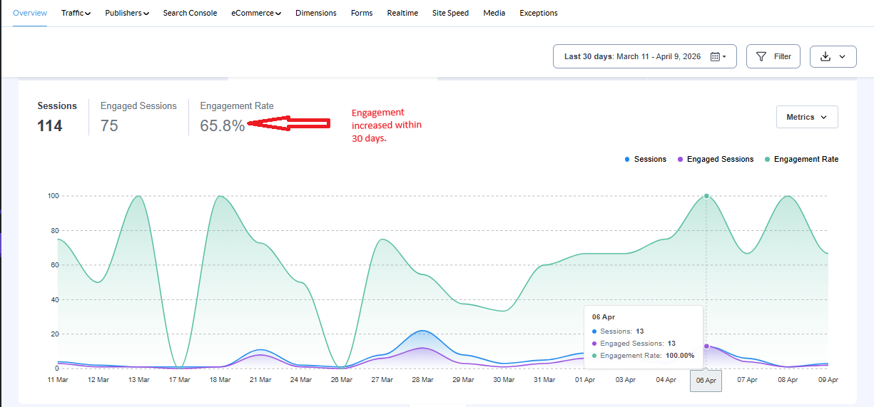 Website engagement analytics showing 65% increase for Momoh Jimoh and Associates