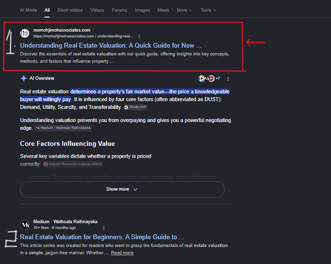 Google search console screenshot showing the blog post ranking on page one for real estate valuation keyword
