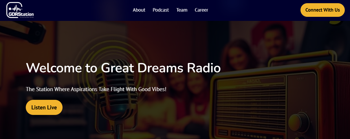 Great Dreams Radio Station homepage hero section