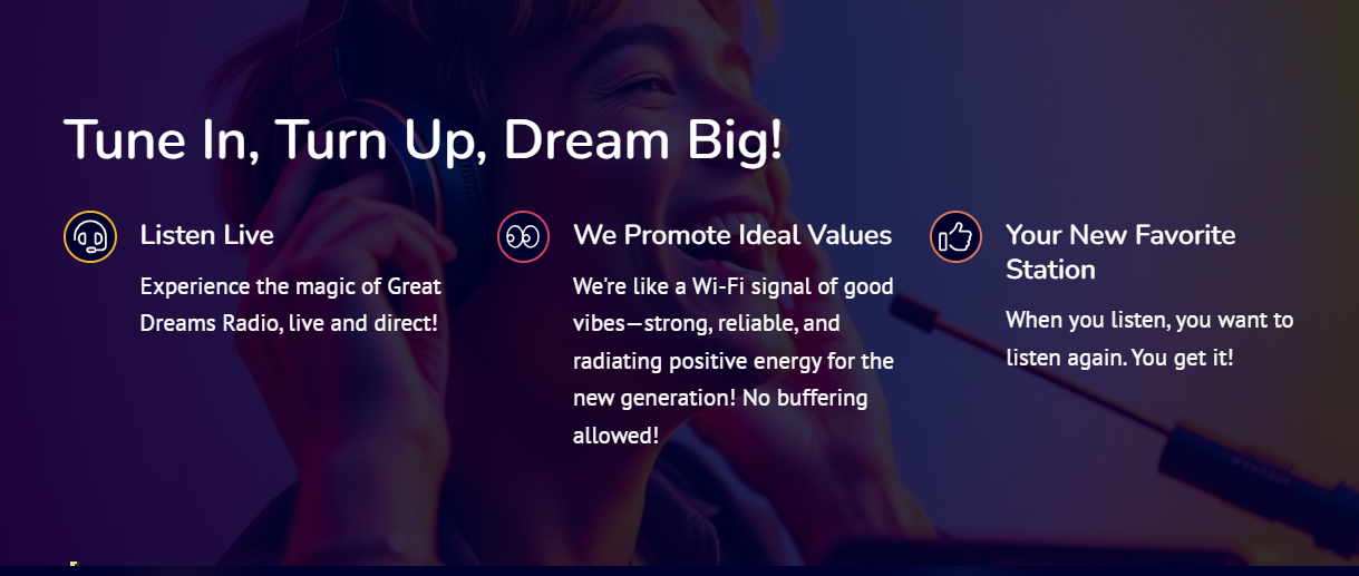 Great Dreams Radio Station website features section