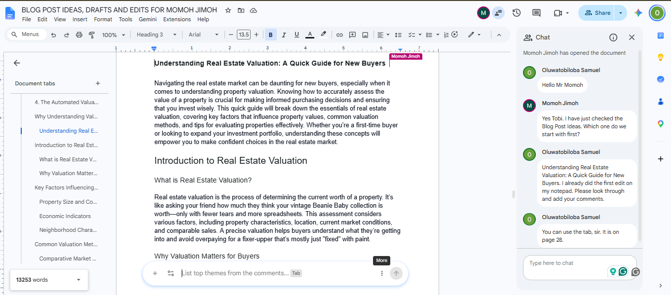 Client chat message on Google Docs starting the proofreading request