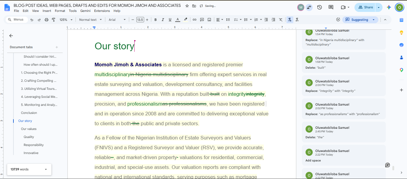 Track changes showing tracked edits on the document