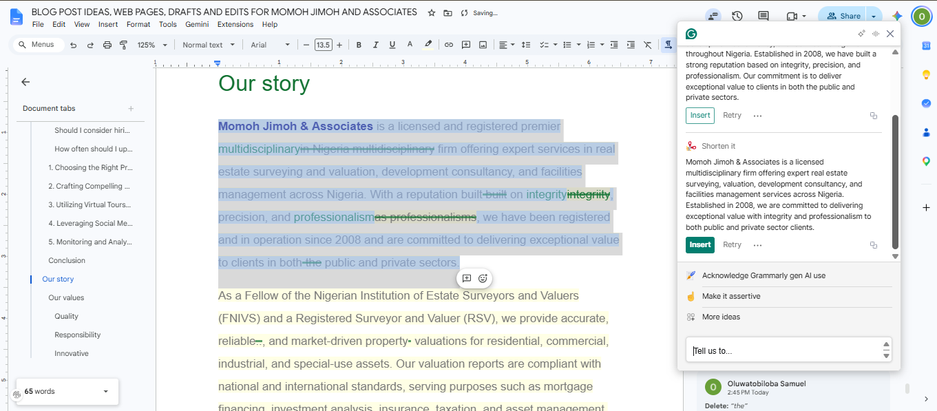 Grammarly reviewing the document for grammar and clarity