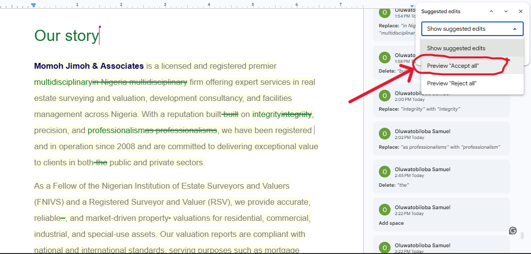 Preview accept all changes feature in Google Docs