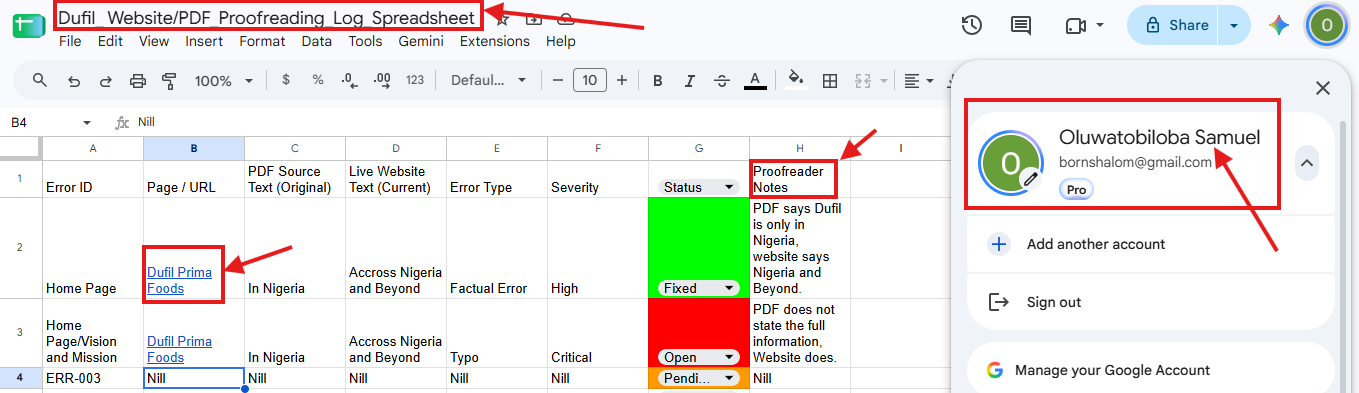 Google Sheets log of web and PDF comparison results for the team